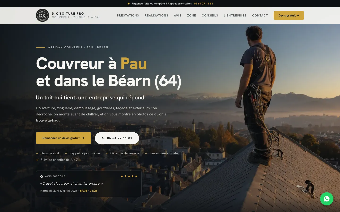 Site DK Toiture Pro (Couvreur · Pau (64)) réalisé par Digitori