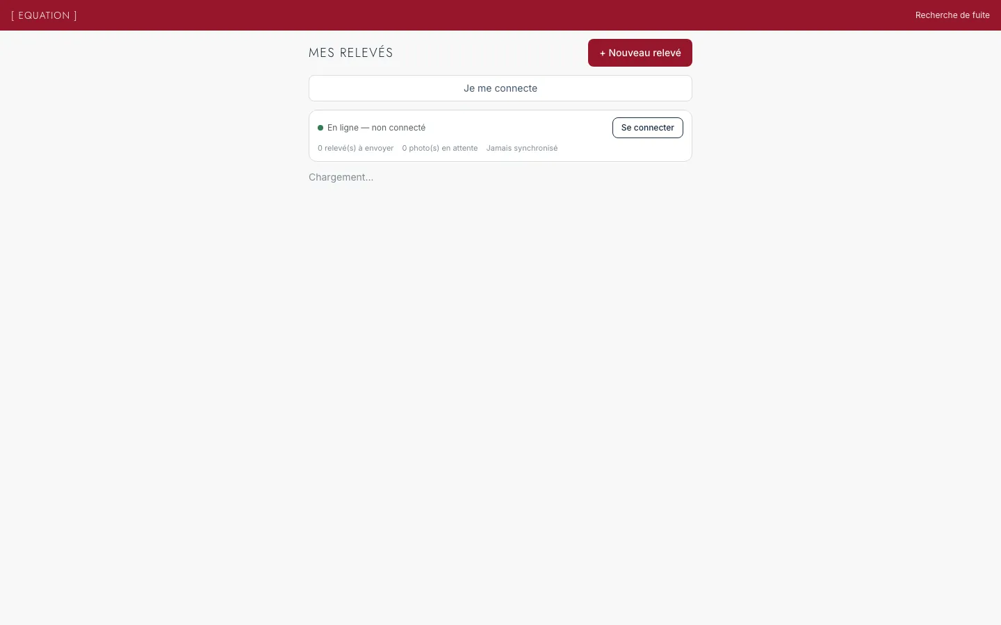 Écran d'accueil de l'application de relevés d'Équation Étanchéité : mes relevés, état de la synchronisation, nouveau relevé