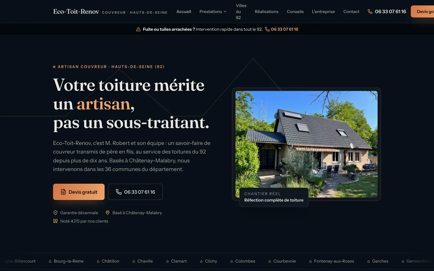 Site L'Artisan Robert (Couvreur · Hauts-de-Seine) réalisé par Digitori